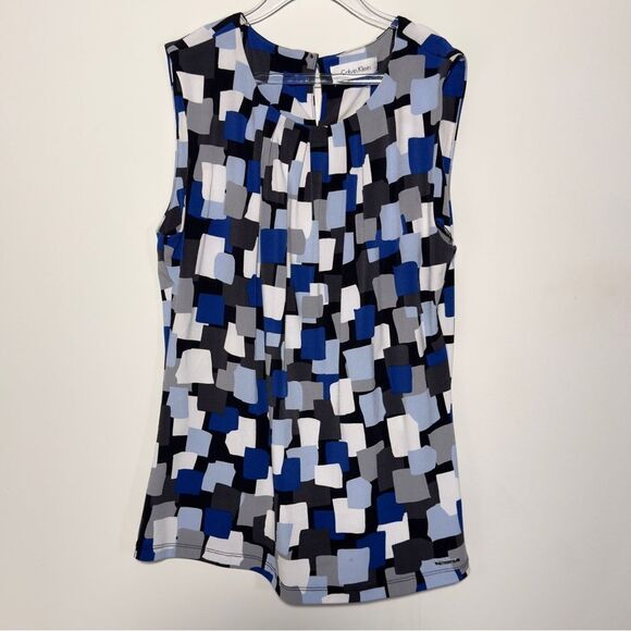 Calvin Klein Womens Top 8 Round Pleated Neckline Multicolored Sleeveless Small - Picture 1 of 6